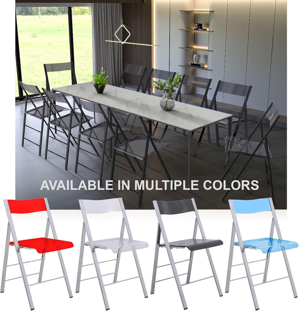 LeisureMod Transparent Acrylic Folding Chair Black Frame, Lightweight Iron Chrome Base, Comfortable Clear Desk Chair, No Assembly Needed (Set of 2) in Solid Black
