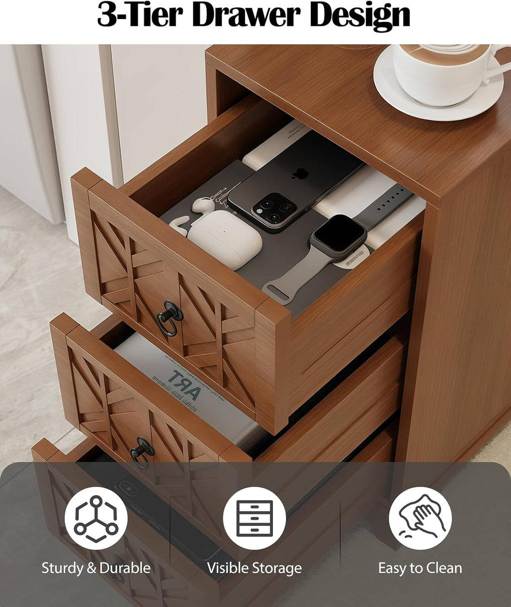 Kavie Wood Narrow Tall End Tables, Nightstand with Open Shelf & 3 Drawers, Adjustable Storage Bookcase for Living Room, Bedroom Corner (White,11.8" L*23.6" W*70.8" H)