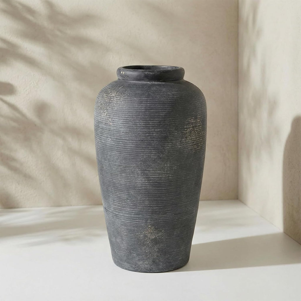 Rustic Distressed Ceramic Threaded Vase, 11"H Handmade Wabi Sabi Decor Vase (Deep Charcoal with Light Gray Weathering and Wheat Beige Patches) for Living Room Table Centerpieces, Entryway & Fireplace