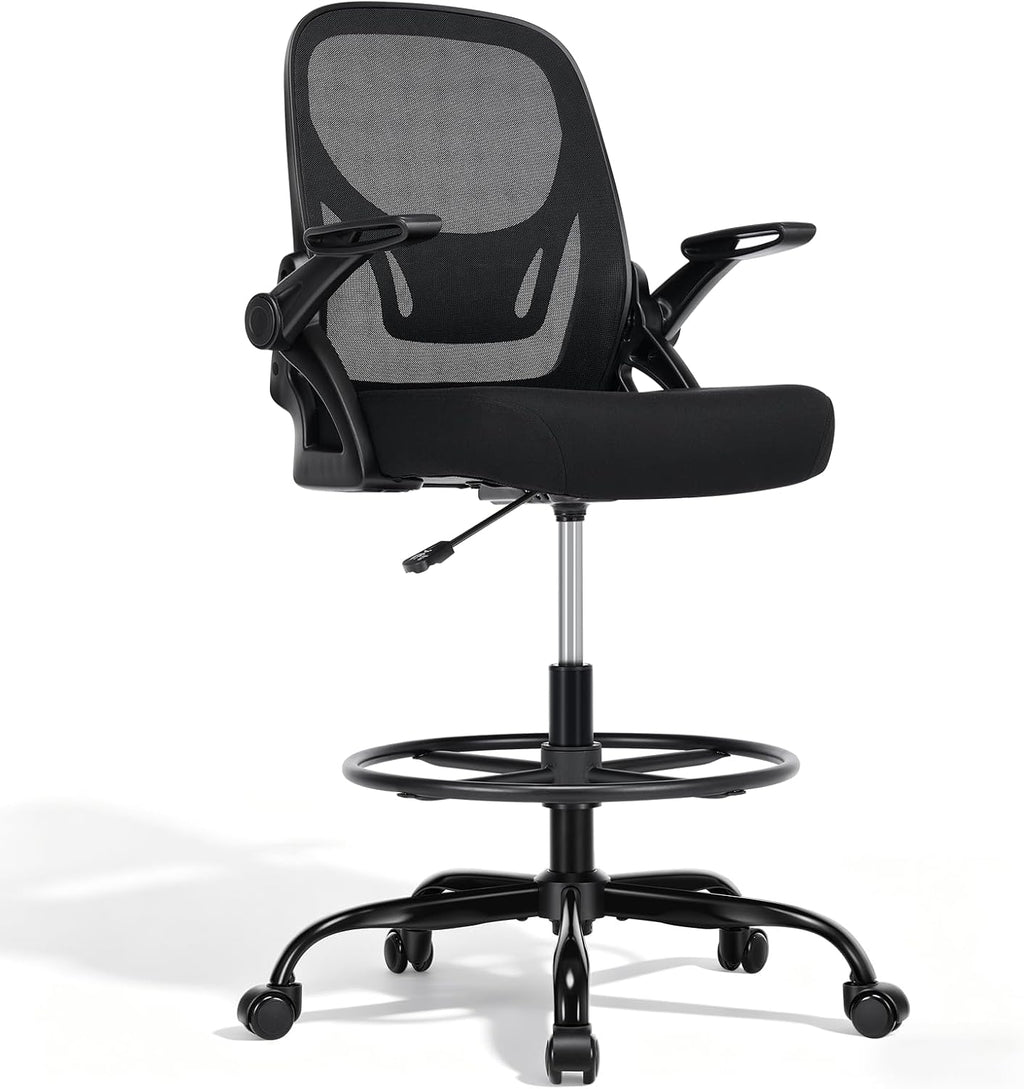 Drafting Chair, Tall Office Chair with Adjustable Footrest Ring, Standing Desk Chair with Flip-Up Armrests, Breathable Mesh High Desk Chair for Counter Height Desk, Black