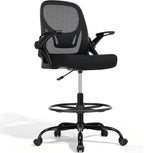 Drafting Chair, Tall Office Chair with Adjustable Footrest Ring, Standing Desk Chair with Flip-Up Armrests, Breathable Mesh High Desk Chair for Counter Height Desk, Black