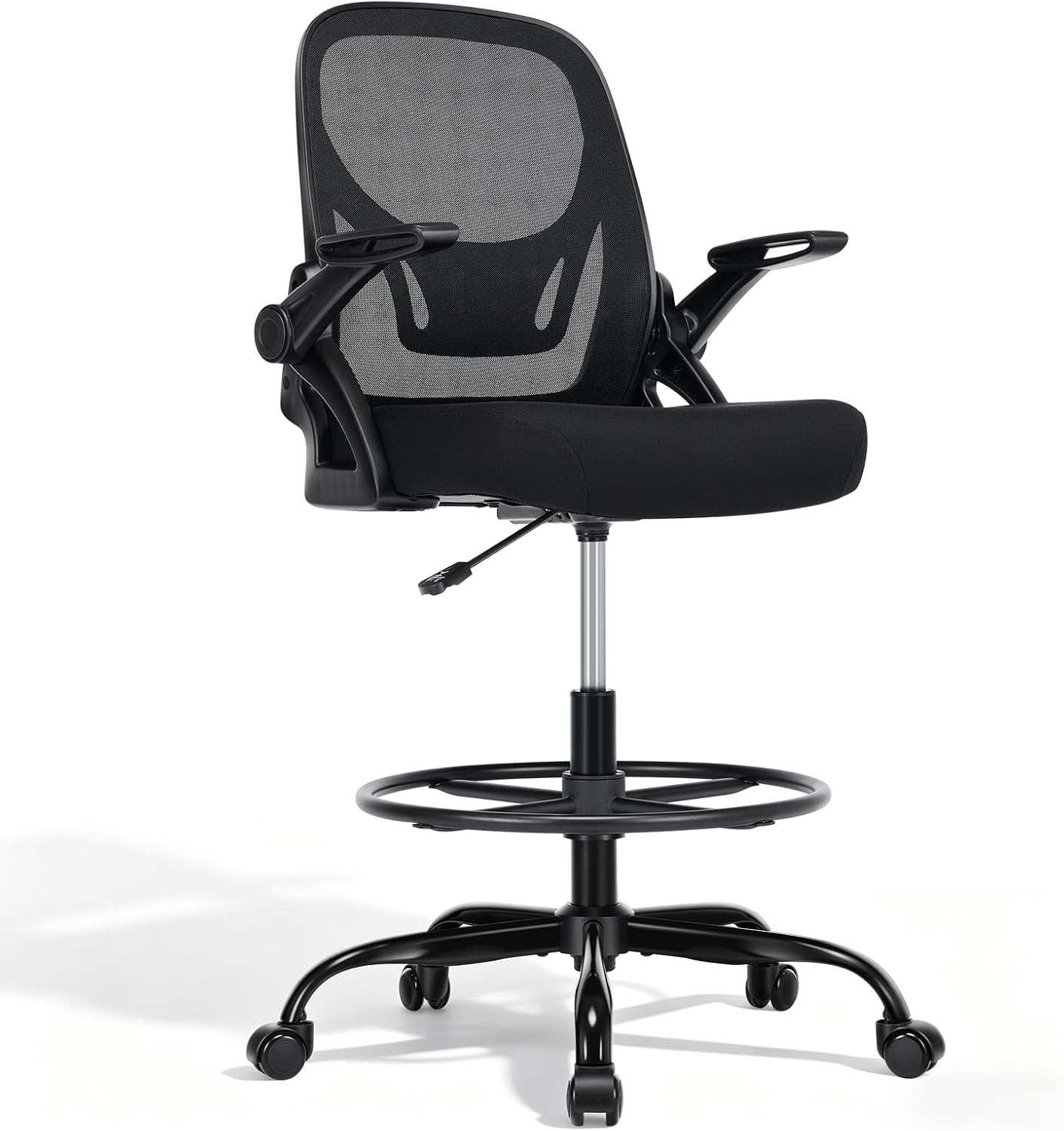 Drafting Chair, Tall Office Chair with Adjustable Footrest Ring, Standing Desk Chair with Flip-Up Armrests, Breathable Mesh High Desk Chair for Counter Height Desk, Black
