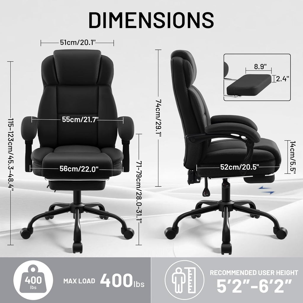 AreShark Ergonomic Office Chair with Footrest,PU Leather Executive Desk Chair Padded Linkage Armrests,Lumbar Support,Swivel Computer Chair for Home Office & Gaming,Black