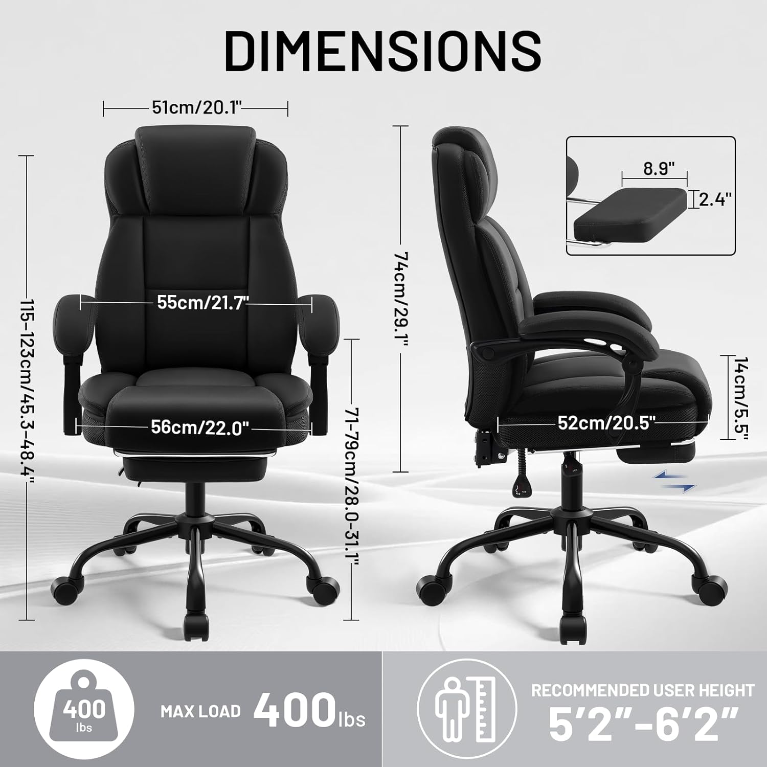 AreShark Ergonomic Office Chair with Footrest,PU Leather Executive Desk Chair Padded Linkage Armrests,Lumbar Support,Swivel Computer Chair for Home Office & Gaming,Black