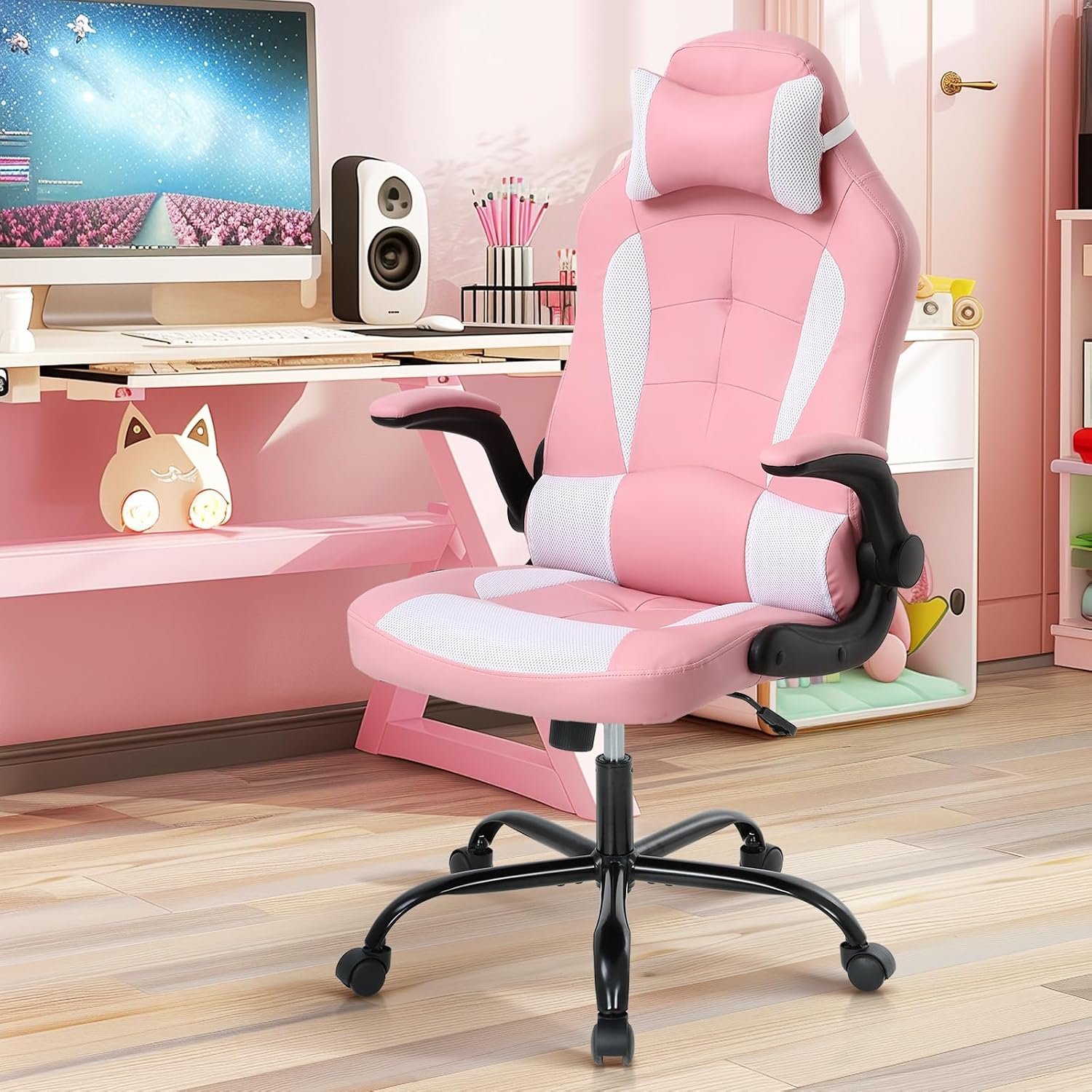 Pink Gaming Chair for Girls & Adults - Ergonomic High Back Office Desk Chair with Adjustable Lumbar Support, Flip-Up Arms & Headrest - PU Leather Swivel Computer Task Chair for Kids & Teens