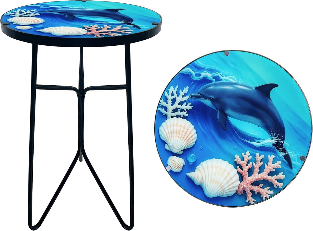 12 Inch Folding Outdoor Side Tea Table, Dolphin Shell Coral Small Accent Tables, Plant Tables Indoor, Garden or Living Room Decor Afternoon Tea Dinner Table, Simple Assembly Cast Iron Plant Stand