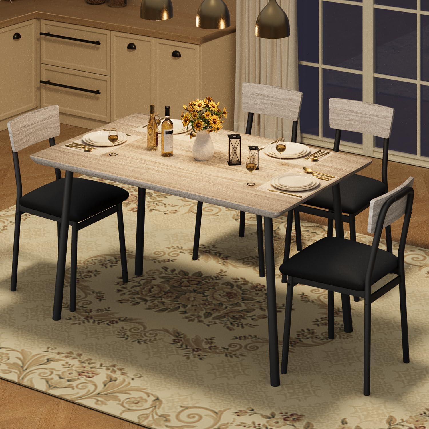 Garvee Dining Table Set for 4 with 4 Upholstered Chairs, Dining Room Table Set for 4 w/Beveled Edge Design, Wood Kitchen Table Chairs Set of 4 for Dining, Kitchen Room, Apartmen,Rustic Gray