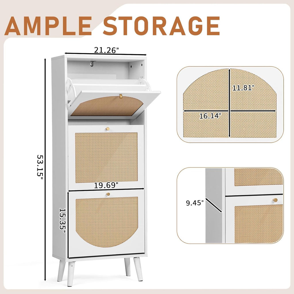 Karl home Shoe Rack Storage Organizer, Rattan-Panel 3-Tilt-Out Shoe Storage Cabinet, Hidden Shoe Storage for Entryway,Ideal for Heels,Slippers,Casual Shoes, White