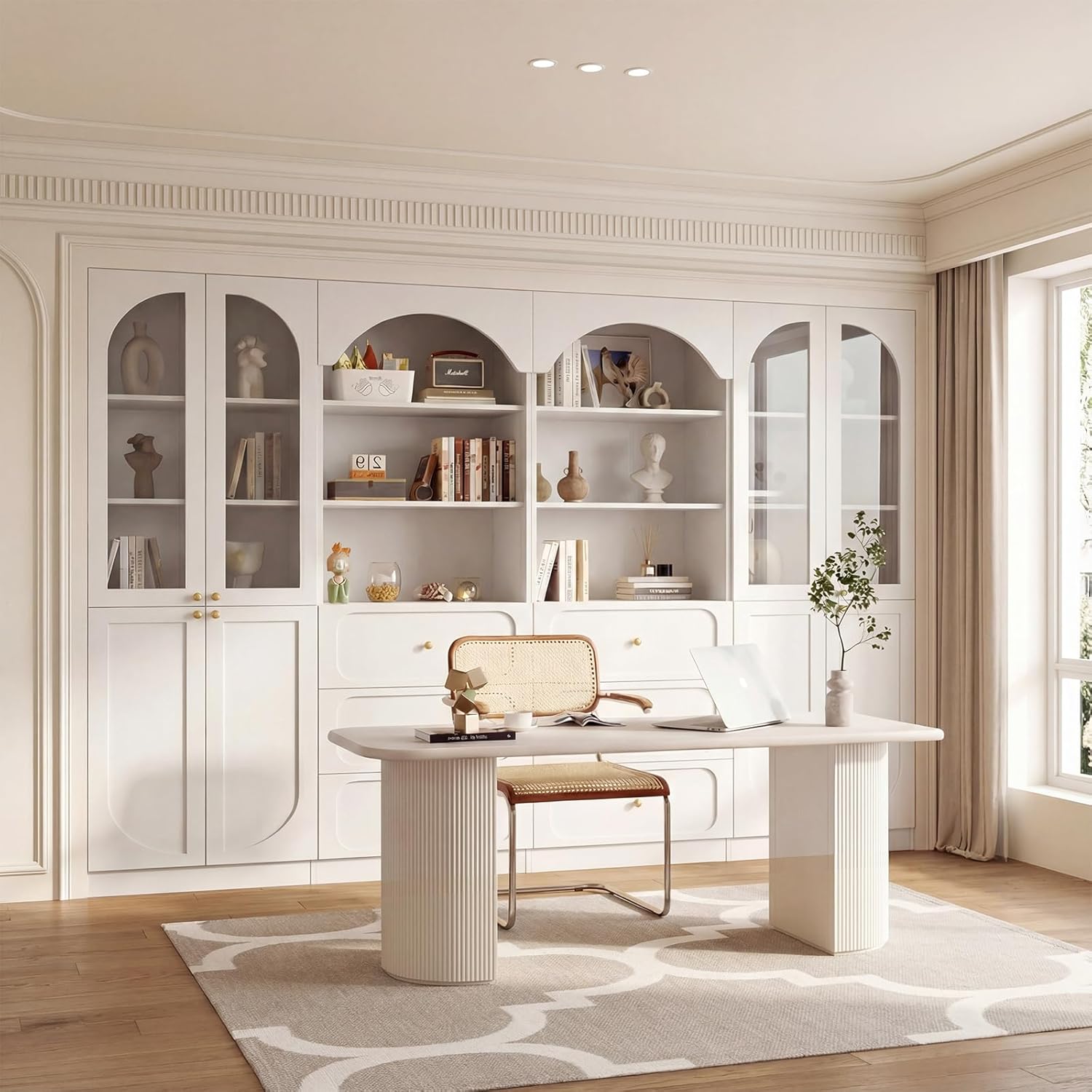 Cyclysio 80" Tall Pantry Cabinet with 3 Drawers, Arched Kitchen Storage Cabinets with 3-Tier Open Shelves and Glass Doors, Wood Floor Cupboard with Seamless Fit Wall for Living Room, Kitchen