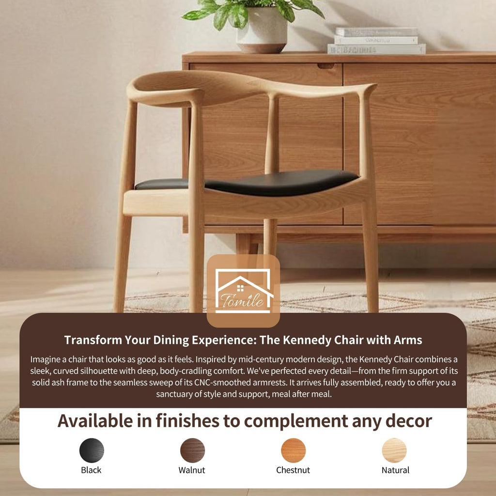 Tomile Hans Wegner Kennedy Chair, Mid Century Modern PU Leather Dining Armchair with Comfortable Curved Backrest, Solid Ash Wood Frame, Fully Assembled for Kitchen, Dining Room, Office (Natural)