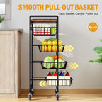 TOOLF 5-Tier Kitchen Storage Cart with Tabletop, Rolling Snack Cart with Lockable Wheels, Fruit Vegetable Basket with 4 Pack Mats, Metal Storage Rack with Pull-Out Pantry Trolley for Organizer