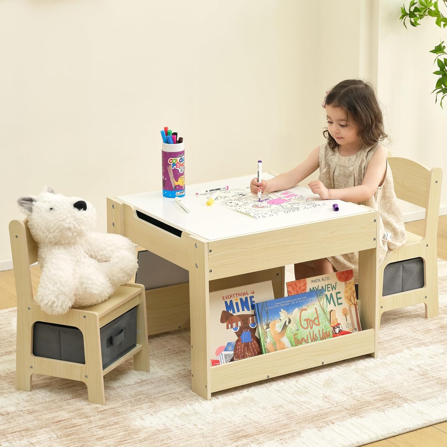 OOOK Kids Table and Chairs Ages 3-7, 4 in 1 Toddler Desk and Chair Set with Whiteboard, Blackboard, Storage Drawer and Book Rack. Toddler Activity Table for Kids Room, Nursery and Playroom