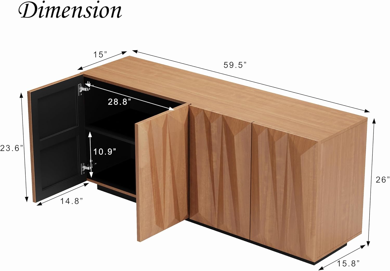 60" Contemporary Geometric Sideboard Buffet with 3D Triangular Doors & Floating Base, Light Walnut Credenza Storage Cabinet for Living Room Kitchen Entryway