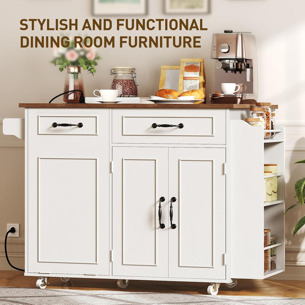 RALGEND Kitchen Island with Power Outlet & Drop Leaf, Mobile Rolling Cart with Trash Can Storage, 3-Tier Spice Rack, Island Table for Kitchen, Dining Room, White and Walnut