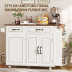 RALGEND Kitchen Island with Power Outlet & Drop Leaf, Mobile Rolling Cart with Trash Can Storage, 3-Tier Spice Rack, Island Table for Kitchen, Dining Room, White and Walnut