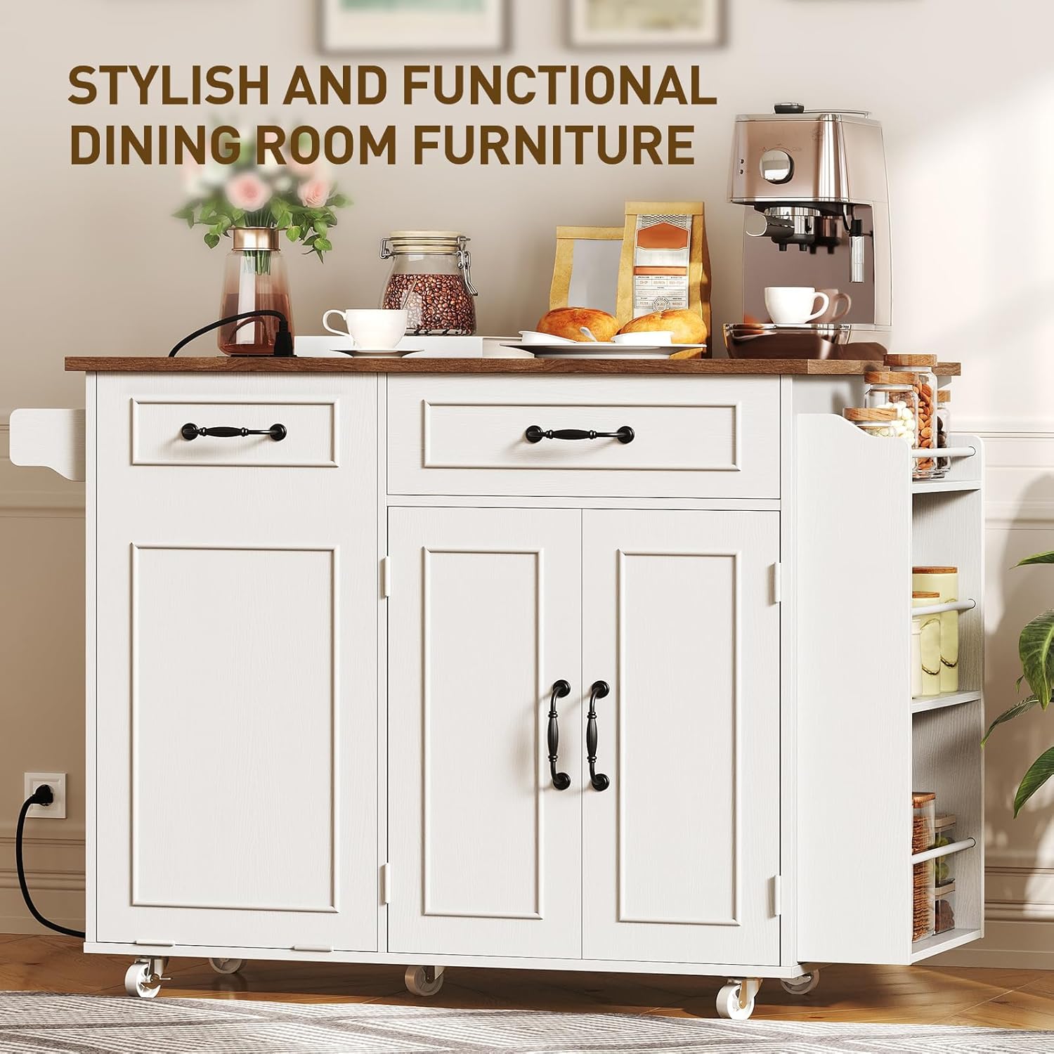 RALGEND Kitchen Island with Power Outlet & Drop Leaf, Mobile Rolling Cart with Trash Can Storage, 3-Tier Spice Rack, Island Table for Kitchen, Dining Room, White and Walnut