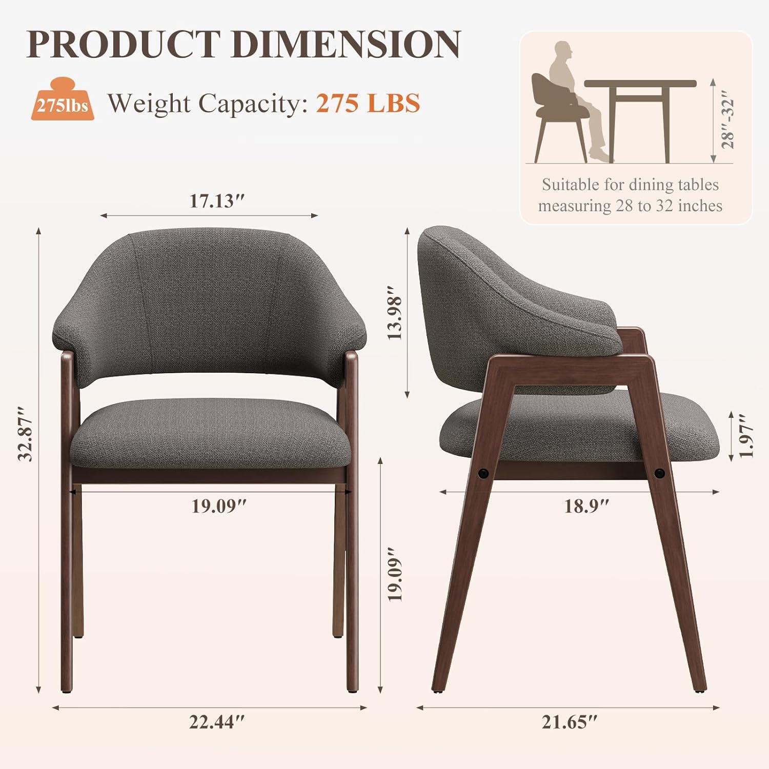 MALOL Wooden Dining Chairs Set of 2, Modern Fabric Upholstered Dining Room Chair, Kitchen Side Chairs, Farmhouse Dinner Chair with Curved Open Back for Kitchen, Grey