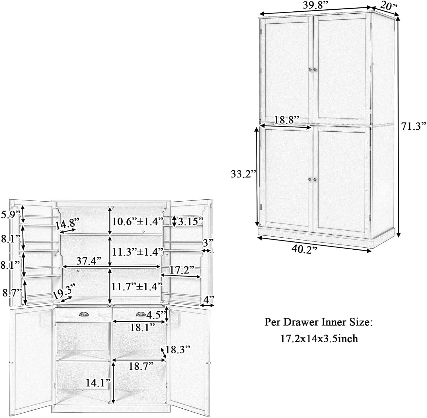 71.3" Tall Wooden Storage Cabinet with 4 Doors and Adjustable Shelves, 40.2" W Freestanding Kitchen Pantry Cupboard Storage Cabinet for Kitchen, Living Room, Dining Room and Office, Gray