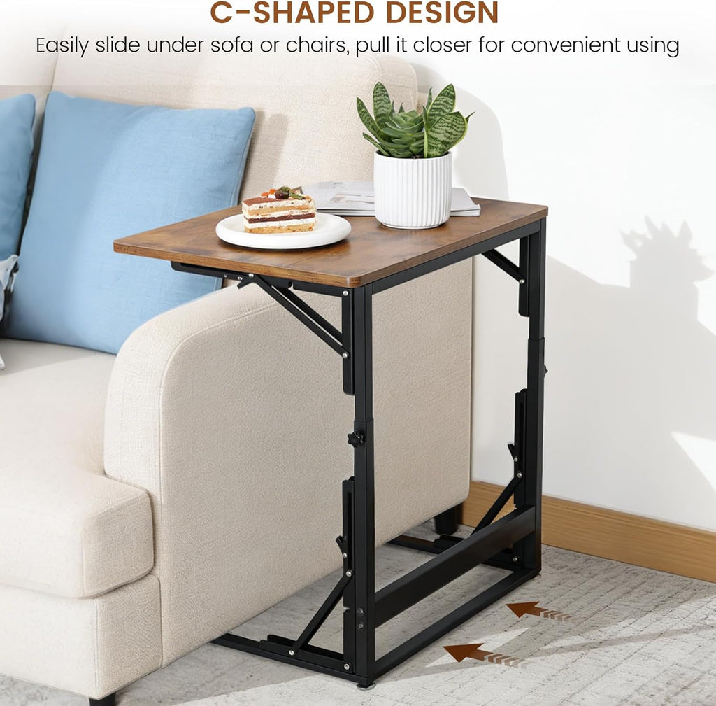 Folding Side Table, Adjustable C-Shaped End Table for Couch, Metal Frame TV Tray Table for Sofa Living Bedroom Bedside Coffee Small Spaces (Brown, 23.6" L x 15.8" W)
