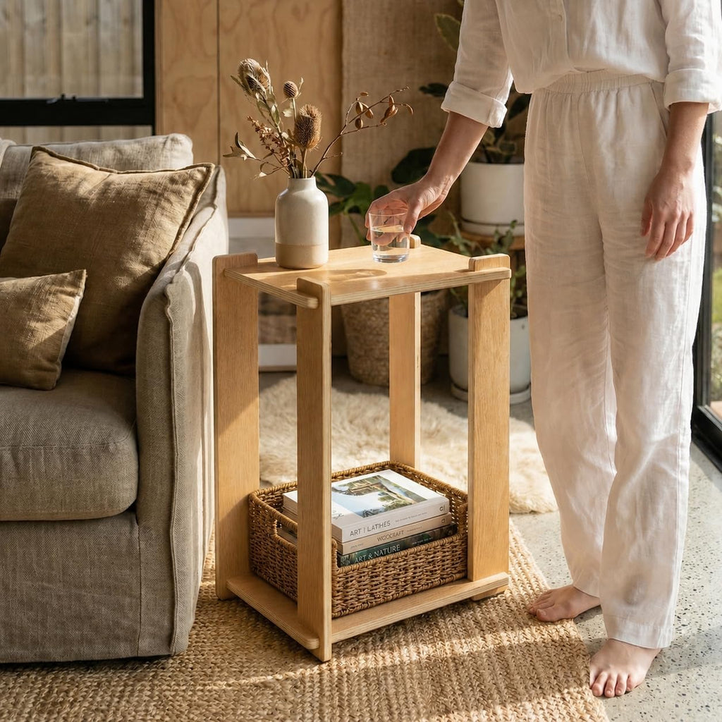 Wood Side Table, Tool-Free Mortise and Tenon Boho Japandi Night Stand, Light Wooden Natural Finish (Oak)