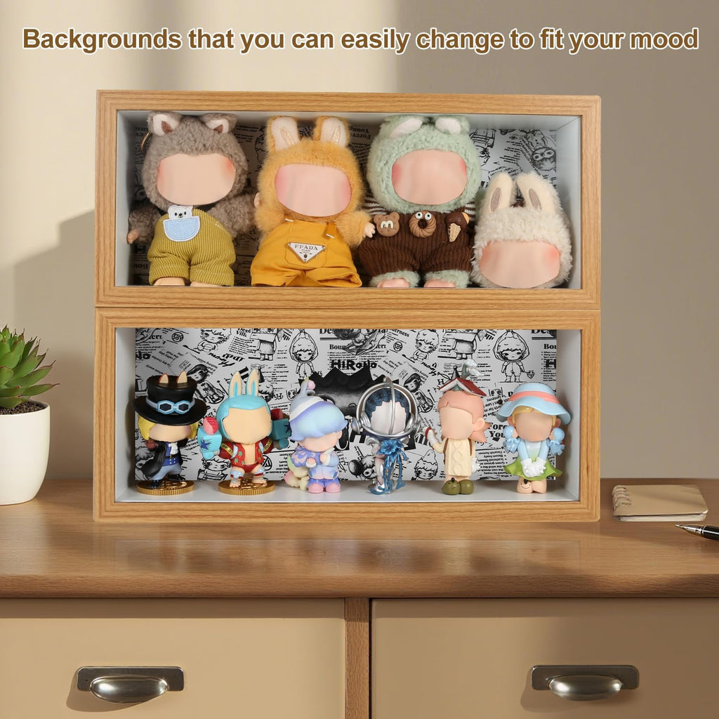 Display Case for Figures with Tempered Glass Door, Wall Mounted Wood Display Case for Collectibles, Dustproof Display Shelf for Pop Mart, Labubu, Action Figures, Mini Toys and Figurines