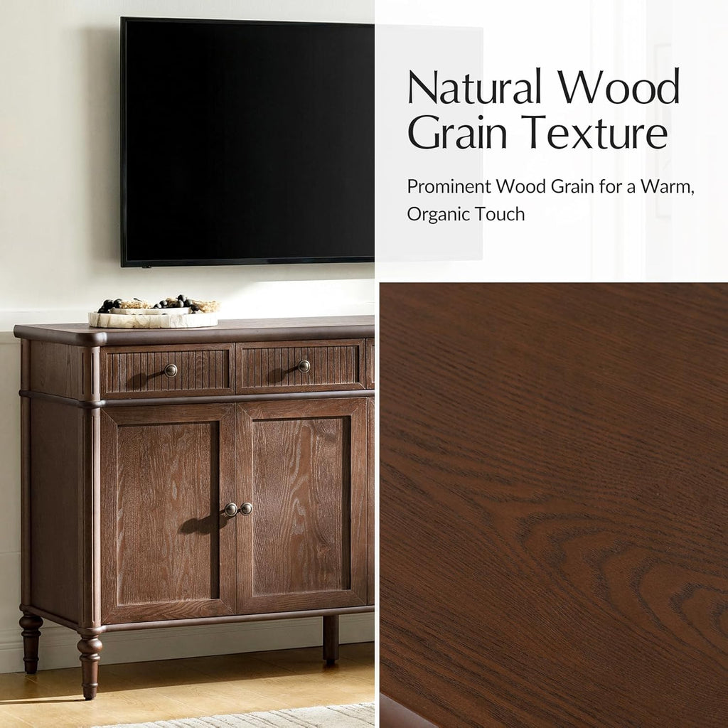 HULALA HOME Wood Sideboard Cabinet, 58" Storage Sideboard with 2 Adjustable Shelves, 2 Fluted Drawers & 4 Doors, Credenza Console, Transitional Buffet with Wood Legs, Auburn