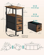 SONGMICS Side Table, Nightstand with Charging Station, End Table with LED Lighting, 2 Drawers, for Living Room, Bedroom, Set of 2, Rustic Brown, BELLAH Collection ULGS012K101