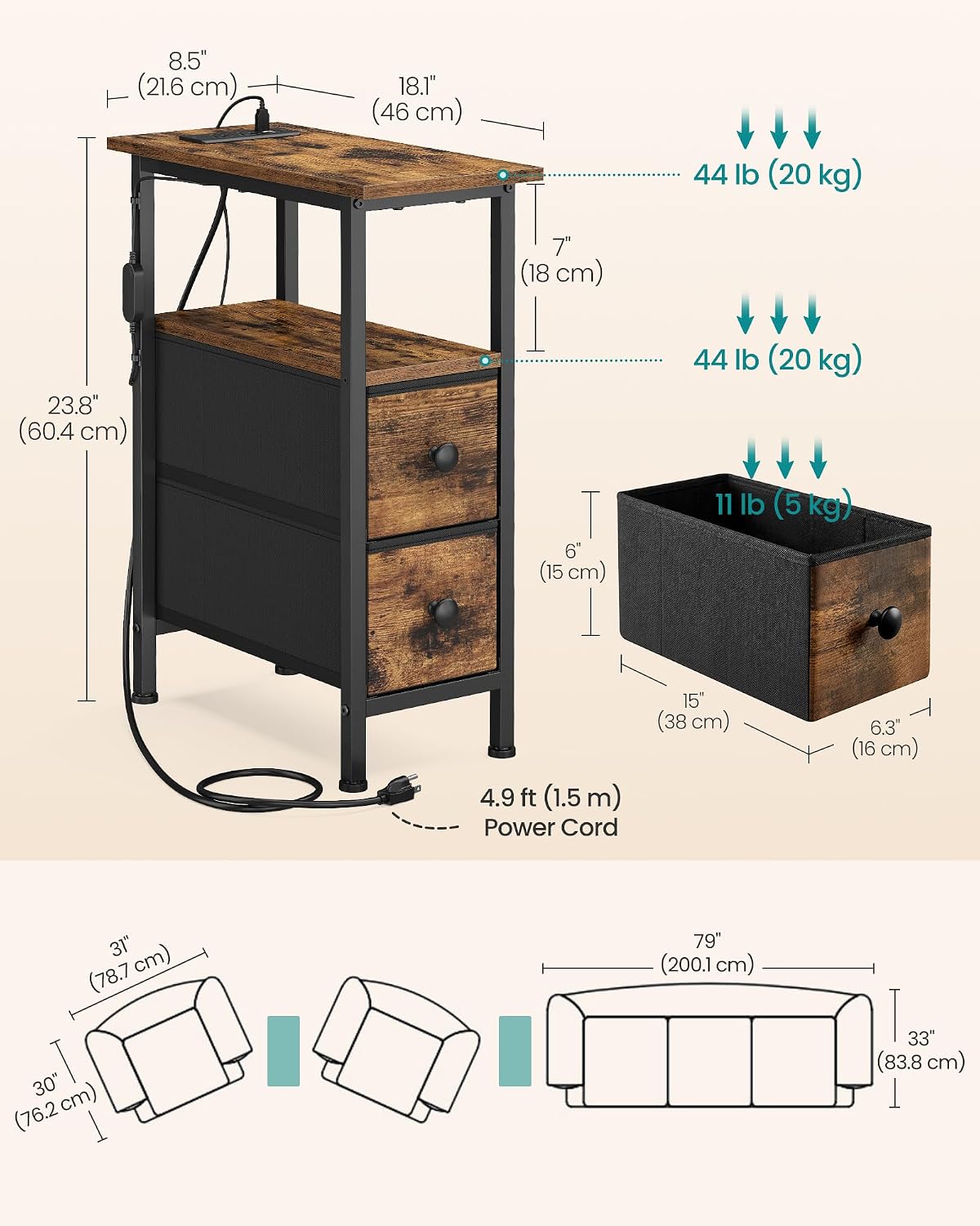 SONGMICS Side Table, Nightstand with Charging Station, End Table with LED Lighting, 2 Drawers, for Living Room, Bedroom, Set of 2, Rustic Brown, BELLAH Collection ULGS012K101