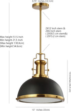 JONATHAN Y 13" Black/Brass Gold Modern Industrial Iron LED Dome Pendant Light, Adjustable Hanging Fixture for Kitchen Island or Entryway, Black Metal Shade, LED Bulb Included (JYL9536A)