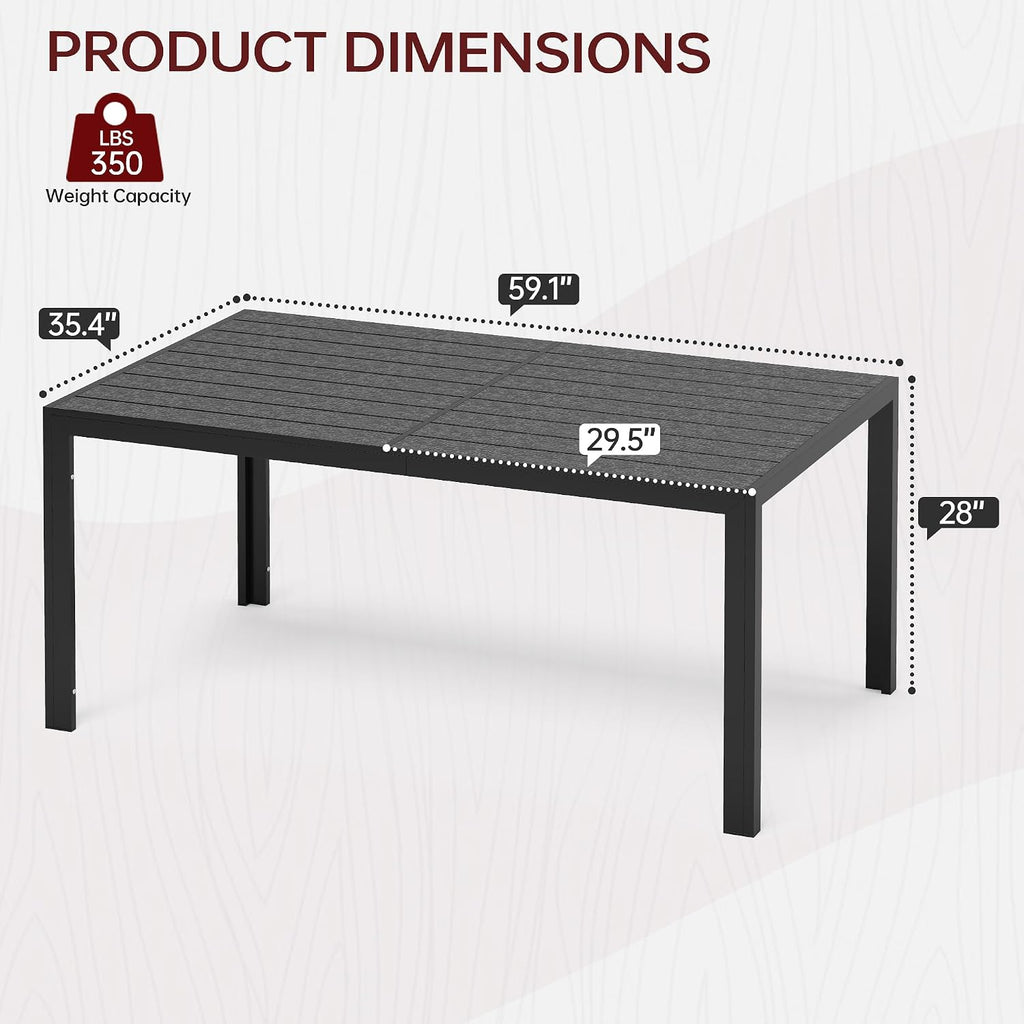 PIZZELLO Patio Dining Table for 6, 59" Rectangular Outdoor Patio Tables with Wood-Like HDPE Slat Top, All Weather Metal Outdoor Dining Table for Lawn Backyard Garden, Black