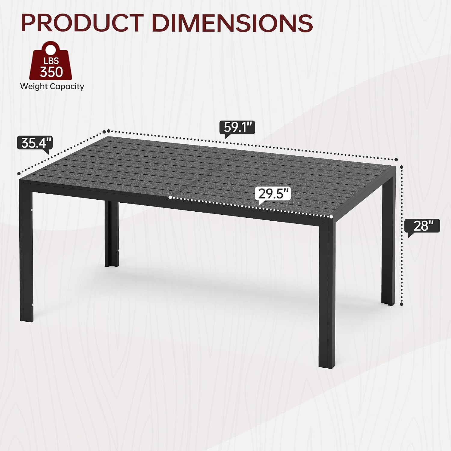 PIZZELLO Patio Dining Table for 6, 59" Rectangular Outdoor Patio Tables with Wood-Like HDPE Slat Top, All Weather Metal Outdoor Dining Table for Lawn Backyard Garden, Black