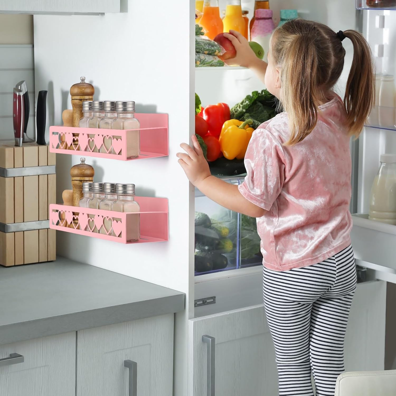 Beeveer 2 Pack Heart Magnetic Spice Rack for Refrigerator Metal Magnet Basket Shelf for Fridge Seasoning Storage Organizers Home Decor Kitchen Accessories (Pink)
