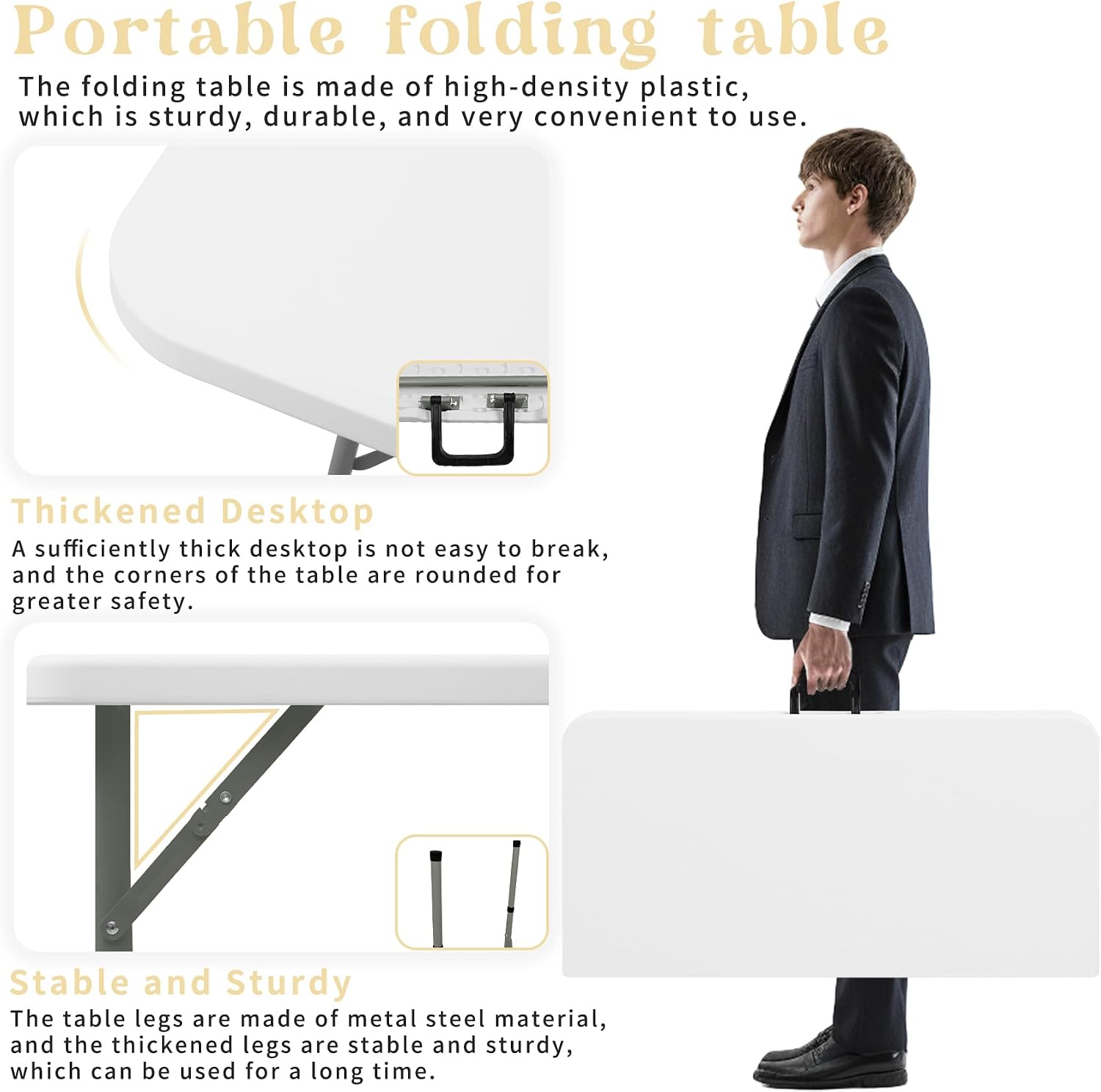 34" Square Folding Table,Multi-Functional Portable Folding Card Table with Carrying Handle for Indoor Outdoor Camping,Picnic, Office, Party Use, HDPE Plastic Tabletop with Metal Frame(White)