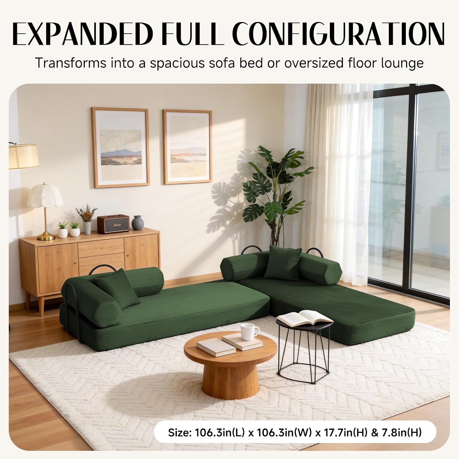 79" Corduroy Sofa Bed, Boneless Couch in a Box with 2 Pillows, High-Density Foam 4-in-1 Foldable Sleeper Futon Loveseat for Small Spaces, No Assembly, Side Pockets, Hex Arm Hunter Green