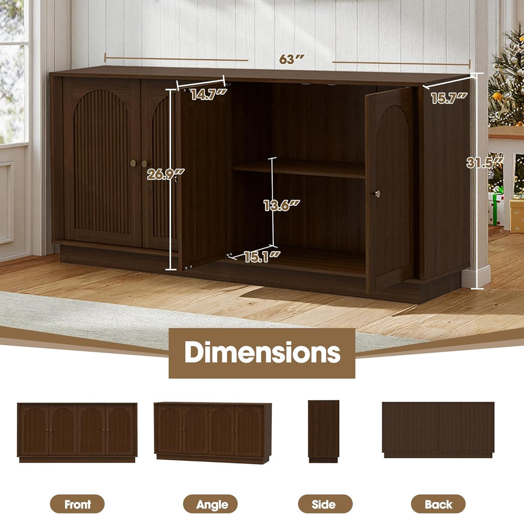 63" Buffet Sideboard Cabinet with Storage, Modern Credenza w/4 Fluted Arched Doors & Adjustable Shelves, Wood Accent Cabinet Coffee Bar Console Table for Living Room Kitchen (Walnut)