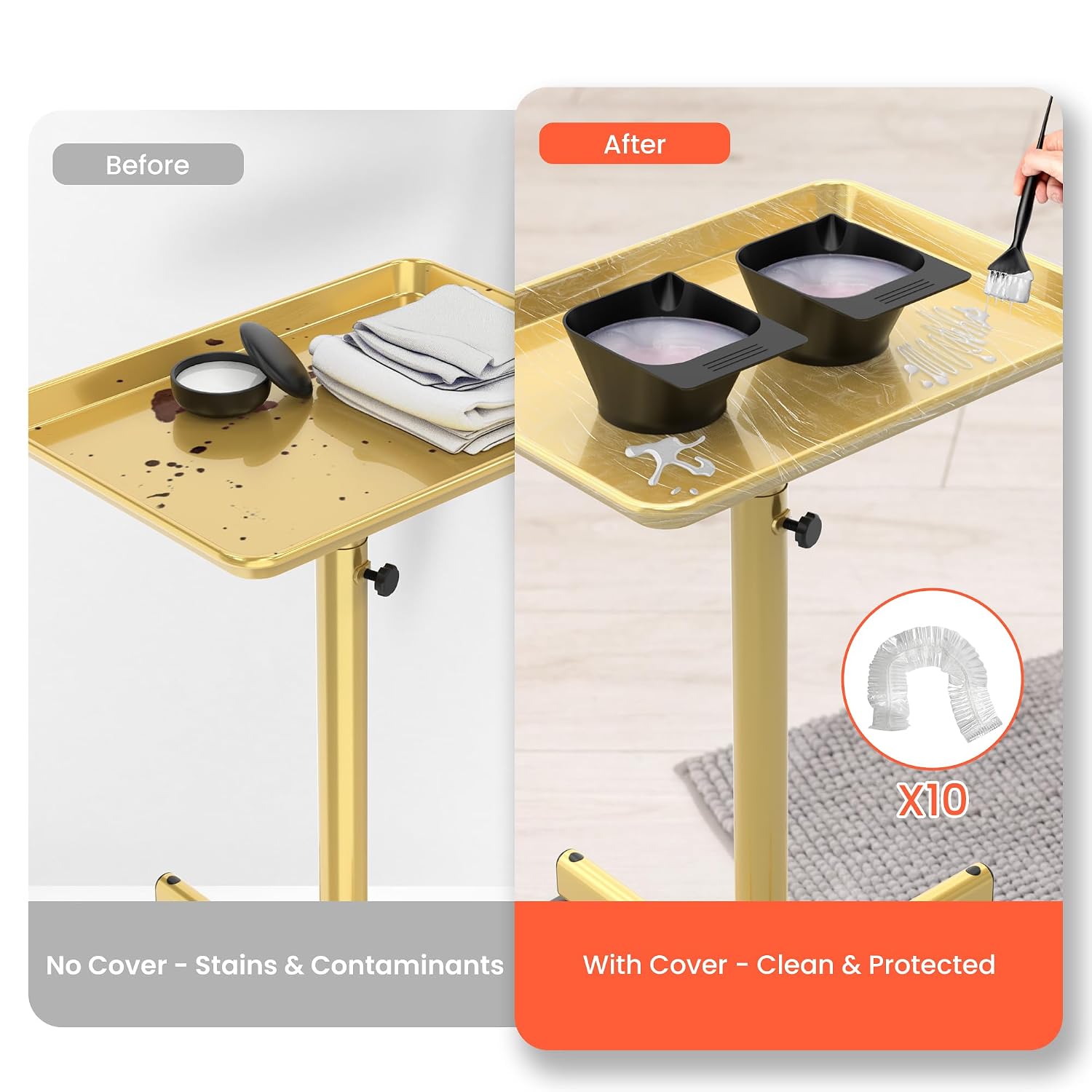 TASALON Rolling Salon Tray,Mobile Styling Station with Wheels Aluminum Rolling Tray Trolley for Salon Essentials, Adjustable Heightfor Hairstylist Tray with 10 PCS Disposable Salon Tray Cover,Gold