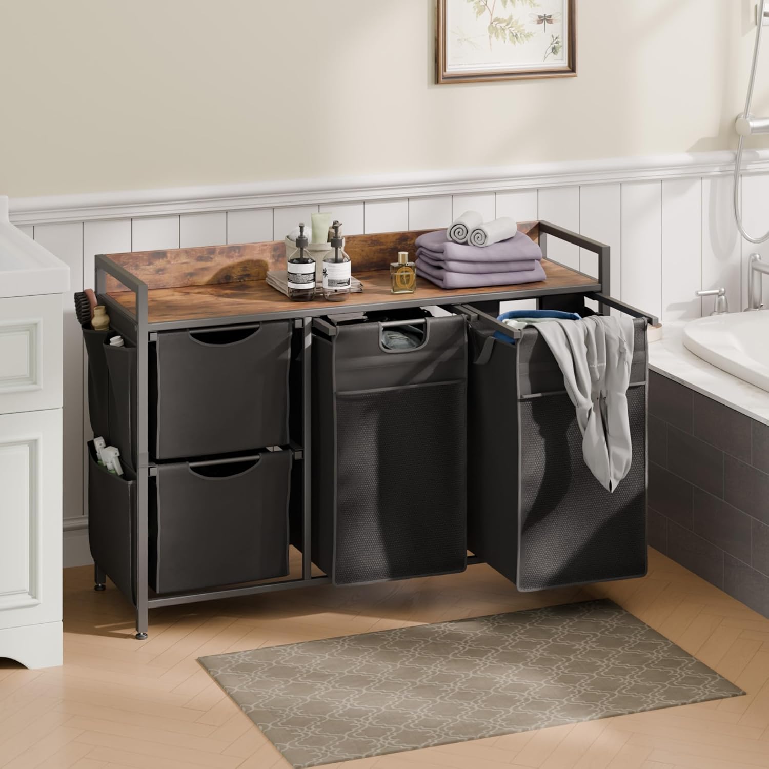 Laundry Sorter with 4 Sections, Laundry Hamper with Wheels, Laundry Basket with Small Side Pockets and Pull-Out Removable Liners,for Laundry Room Bedroom Bathroom (150L)
