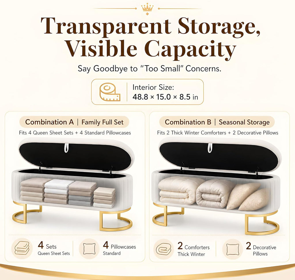 50.5" Velvet Storage Bench for Bedroom, Queen Size End of Bed Bench with Gold Legs, Modern Glam Channeled Tufted Ottoman Bench for Entryway, Living Room, Window Seat, Beige