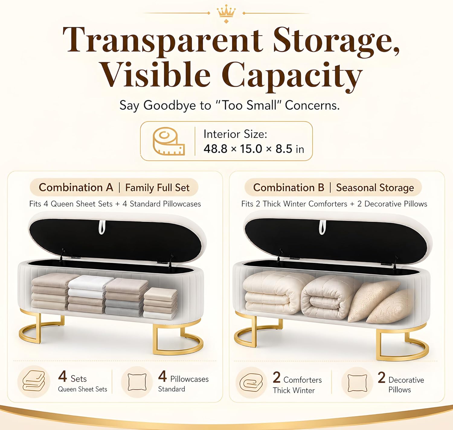 50.5" Velvet Storage Bench for Bedroom, Queen Size End of Bed Bench with Gold Legs, Modern Glam Channeled Tufted Ottoman Bench for Entryway, Living Room, Window Seat, Beige