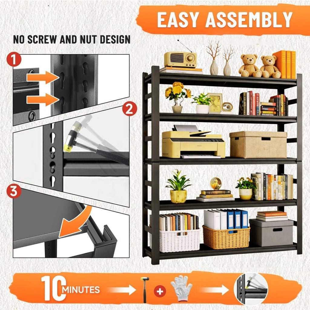 Metal Bookshelf with Sides,Adjustable 72" Tall Industrial Bookcase,5 Tier Heavy Duty Shelving Unit,2000LBS Book Storage Shelves,Wide Book Shelf for Bedroom,Living Room,Home,Office,72H×36W×16D,Black