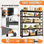 Metal Bookshelf with Sides,Adjustable 72" Tall Industrial Bookcase,5 Tier Heavy Duty Shelving Unit,2000LBS Book Storage Shelves,Wide Book Shelf for Bedroom,Living Room,Home,Office,72H×36W×16D,Black