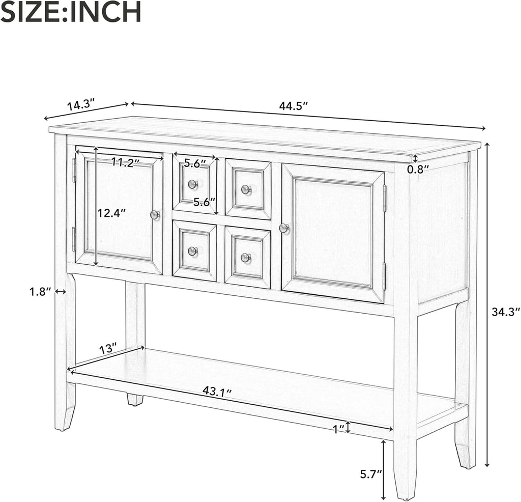 Knocbel Vintage Wood Console Table Buffet Sideboard with 4 Storage Drawers, 2 Cabinets & Bottom Shelf, Entryway Hallway Foyer Table Cupboard Coffee Bar Cabinet (Espresso 44.5")