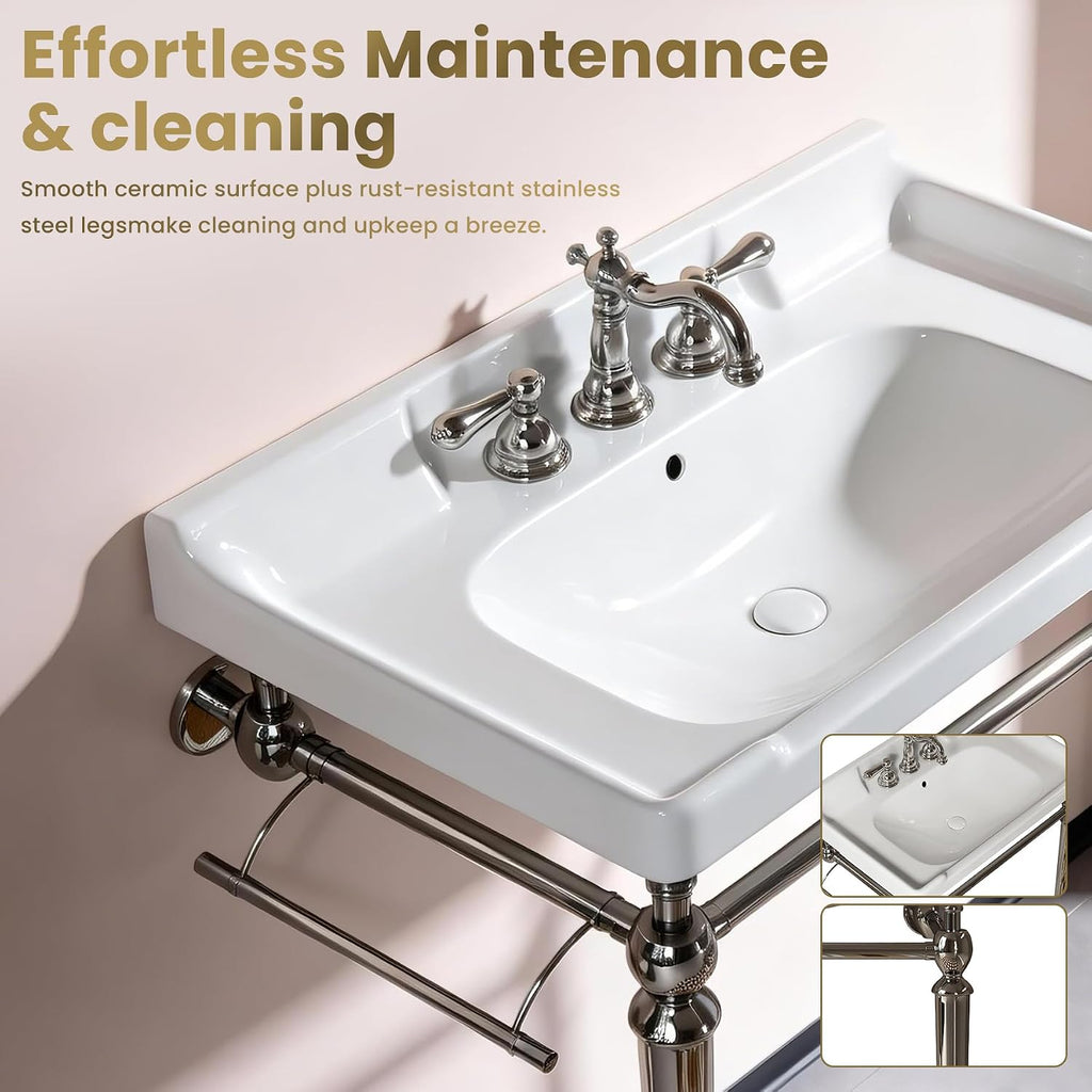 23" Wall Mounted Bathroom Console Sink,Ceramic Vanity Basin with 3 Pre-Drilled Faucet Holes, Freestanding Stainless Steel Legs & Towel Bar, No Faucet & Sink Cover,Chrome (Chrome, 23")