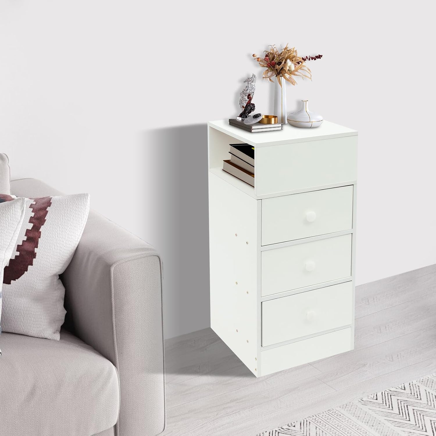Bedside Cabinet with Drawers White Nightstand Storage Cabinet for Bedroom End Table Study Room Office Night Stand Farmhouse Dresser 11.81×11.81×25.98 Inch
