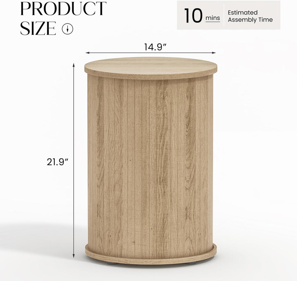Round Fluted End Table for Living Room, Modern Wooden Sofa Couch Side Table for Small Spaces, 21.9" H Nightstand Set of 2 for Bedroom (Oslo Oak)