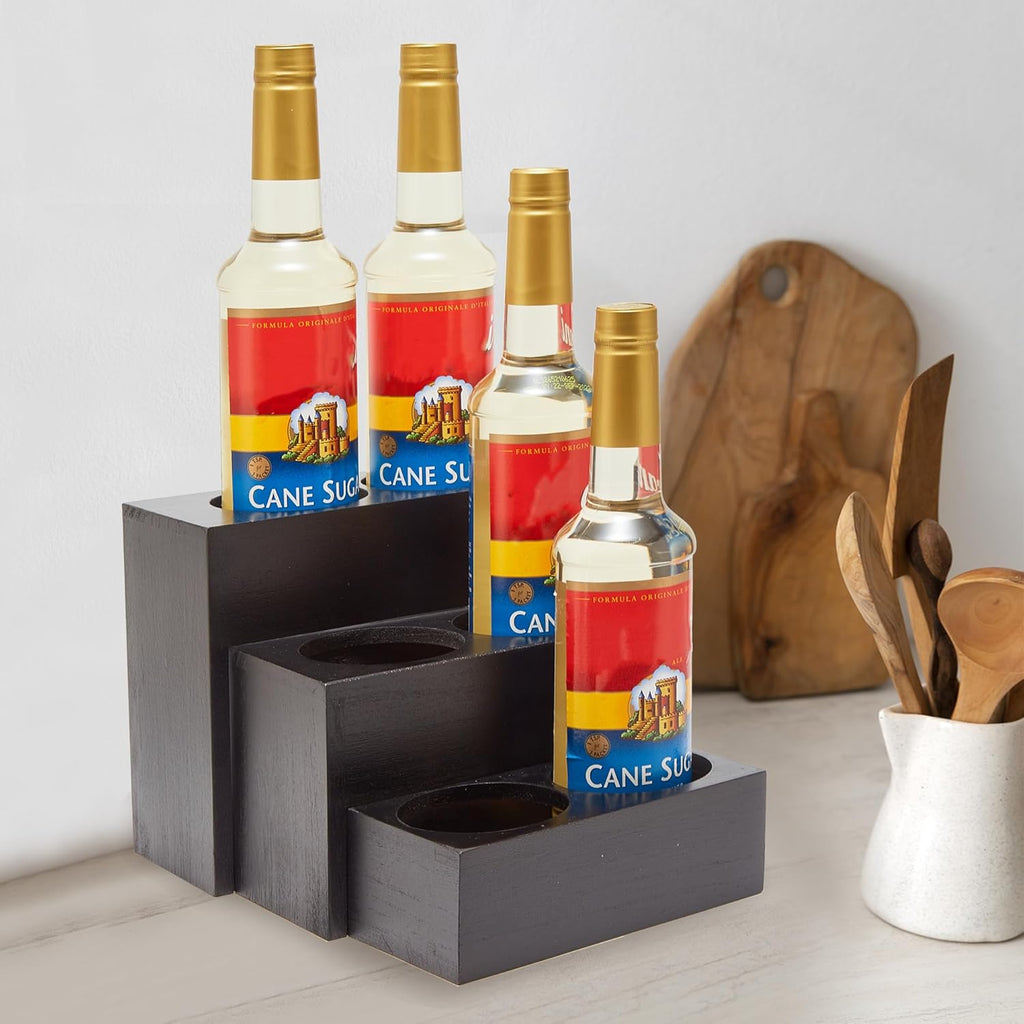 Black Wood Coffee Syrup Rack Organizer, 3 Tier Syrup Bottle Holder for Coffee Bar, 6 Bottles(750ml) Storage Stand for Syrup, Wine, Dressing for Kitchen Coffee Station(3 Separate Pieces)