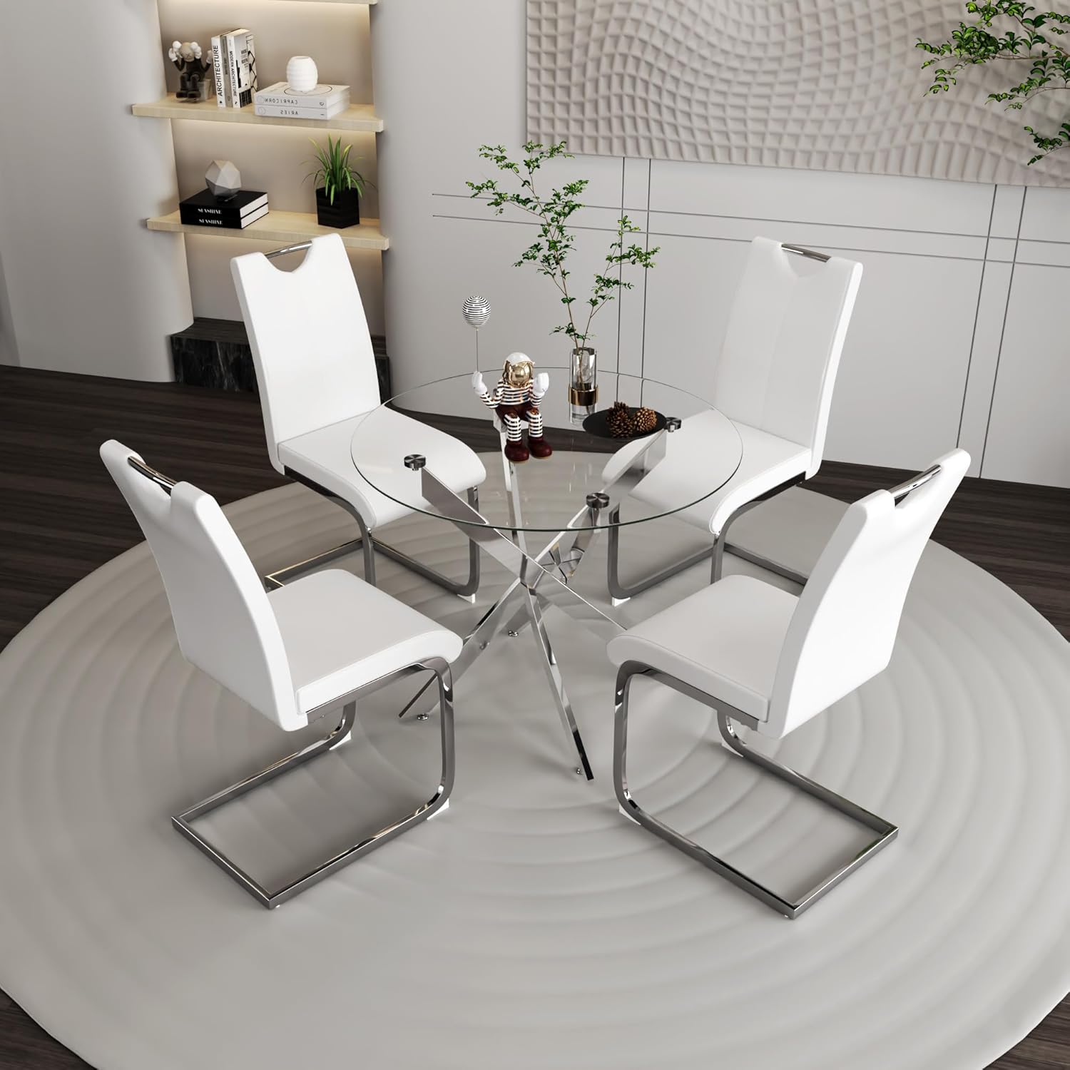 Off-White Dining Chairs Set of 4, Modern High Back with Faux Leather Padded Kitchen Chair for Dining Room, Kitchen (4, White with Silver Hoop Leg)