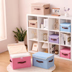 2PCS Storage Boxes with Lid Cotton Linen Fabric Storage Bins Organizer Container Decorative Collapsible Washable Shelf Closet Baskets Faux Leather Handles Home Bedroom (Linen, Large)