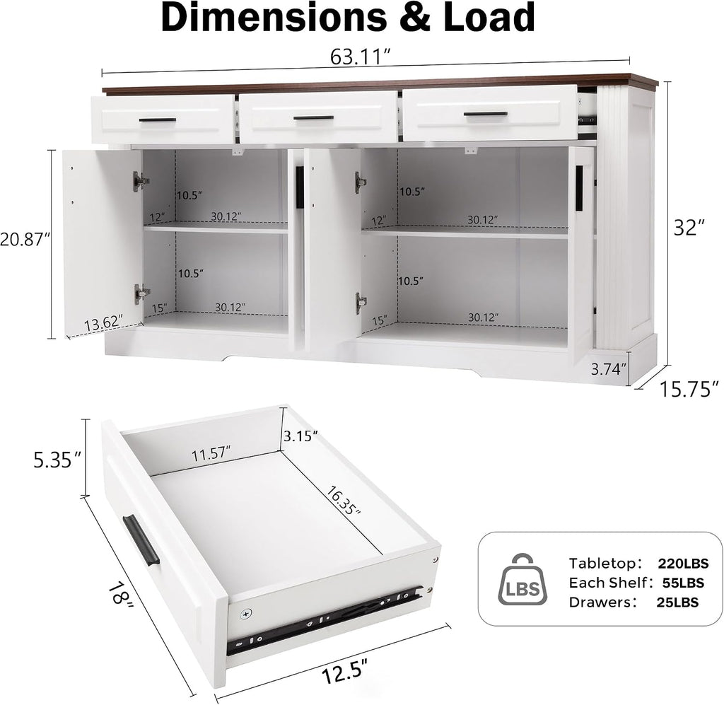 63" Fluted Sideboard Buffet with 4 Doors & 3 Drawers, Large Modern Farmhouse Accent Credenza with Adjustable Shelves for Kitchen, Dining Room, Living Room (White)