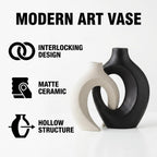 Black and Off-White Hollow Ceramic Vase Set of 2, Nordic Minimalist Aesthetic Snuggle Vases for Table Centerpiece Dining Living Room Book Shelf Decoration (W 6.3" X H 8.4")